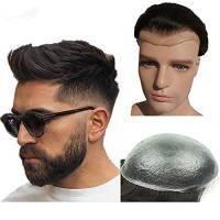 NLW Parrucca Uomo 0,06 millimetri PU trasparente sottile pelle sistema di sostituzione dei capelli 100% naturale europeo capelli pezzi di ricambio uomini parrucche 10 x 8 pollici(#1 Jet Black)